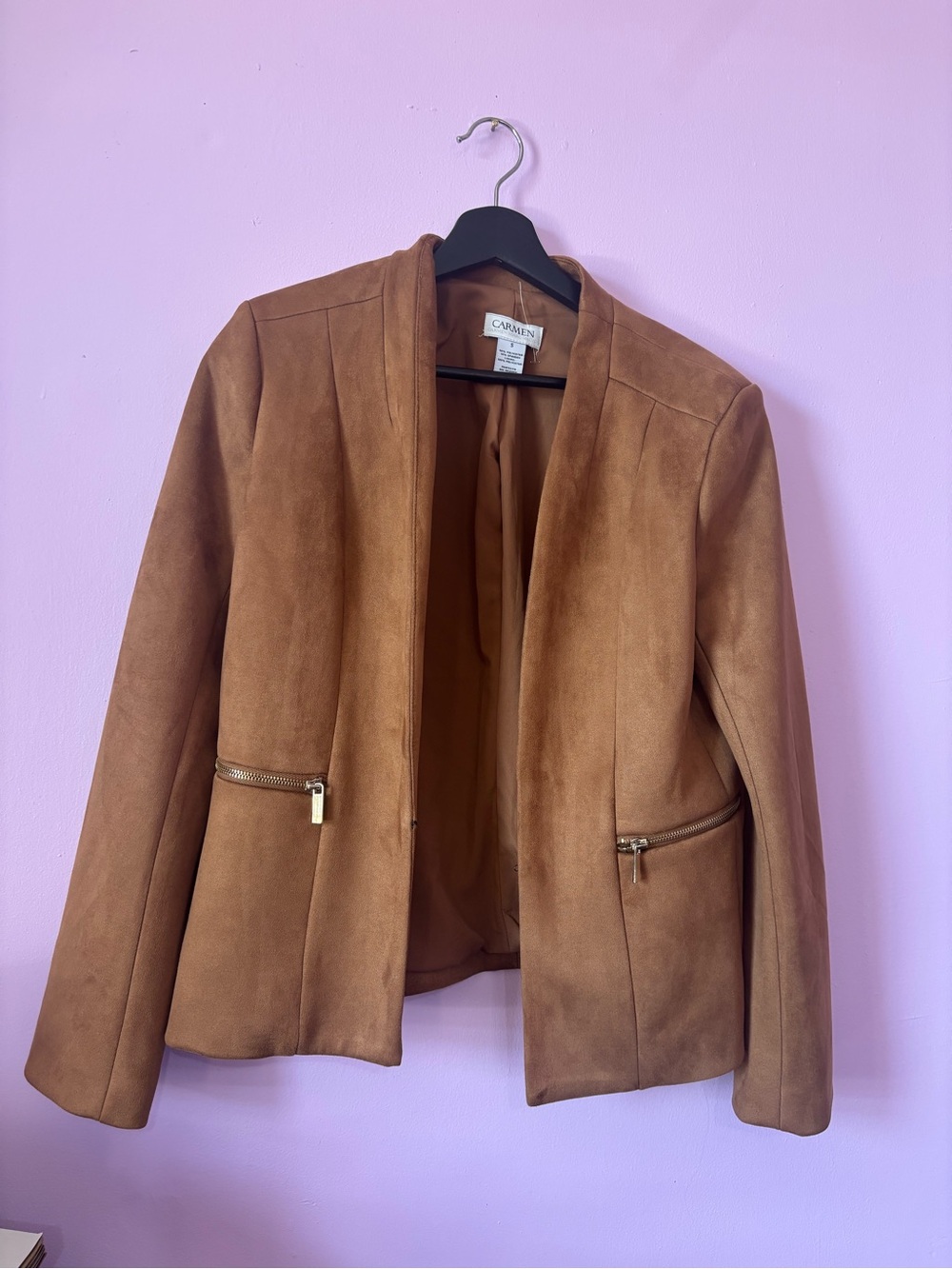 Carmen Marc Valvo Chestnut Brown Faux Suede Open Front Blazer